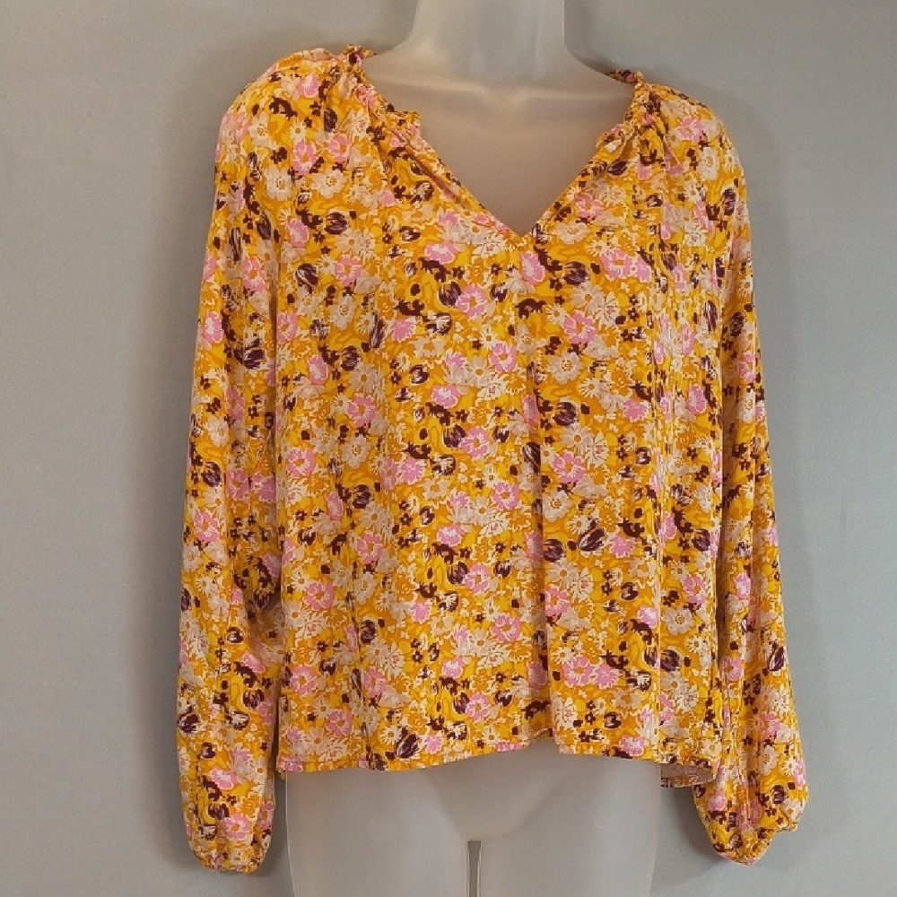 Gap Womans Long Sleeve Floral V-Neck Blouse Yellow/Pink Size XS